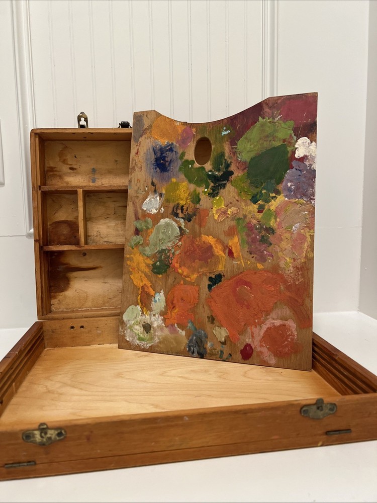 VTG Wooden Hinged Artist Painters Box with Dovetail Design Wood Briefcase Travel