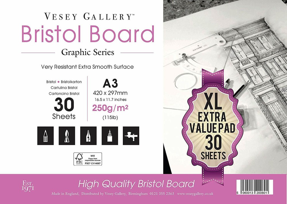 A3 Bristol Board Sketching Pad.30 Pages for Added Value.UK Made.By Vesey Gallery