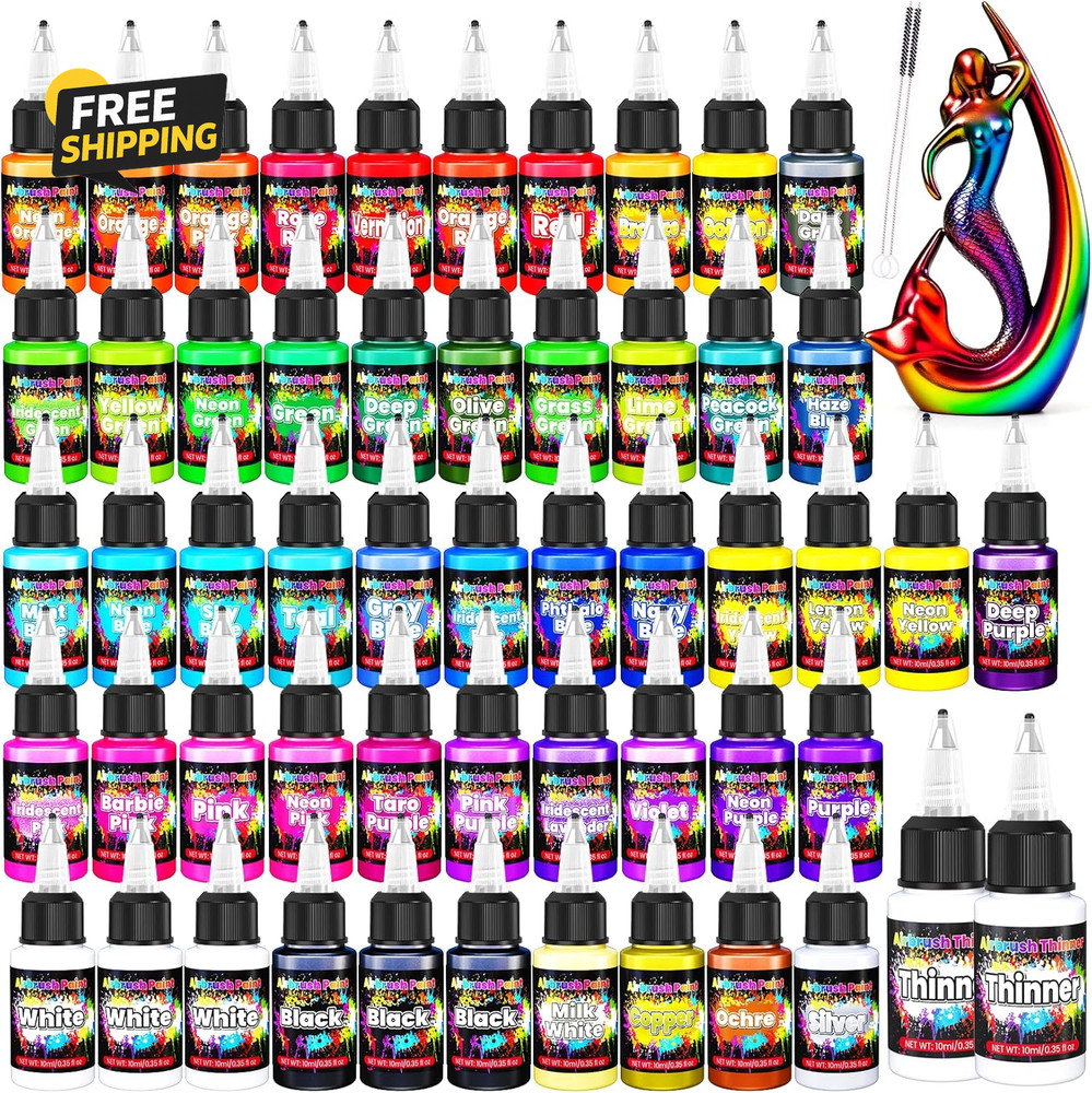 Airbrush Paint – 54 Colors with 2 Airbrush Thinners, Ready to Spray Air Brush