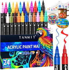 TANMIT 24 Colors Dual Tip Acrylic Paint Markers, Paint Pens Set with Brush Tip a