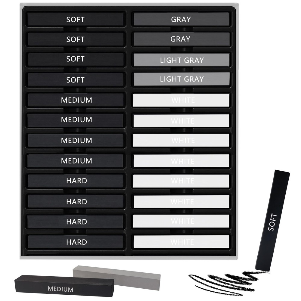 24 Pcs Compressed Charcoal Sticks with Soft, Medium, Hard and White Charcoal,…