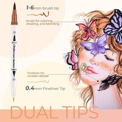 Skin Tone Markers 36 Colors: Dual Tip Brush and Fineliner Markers for Adult Colo