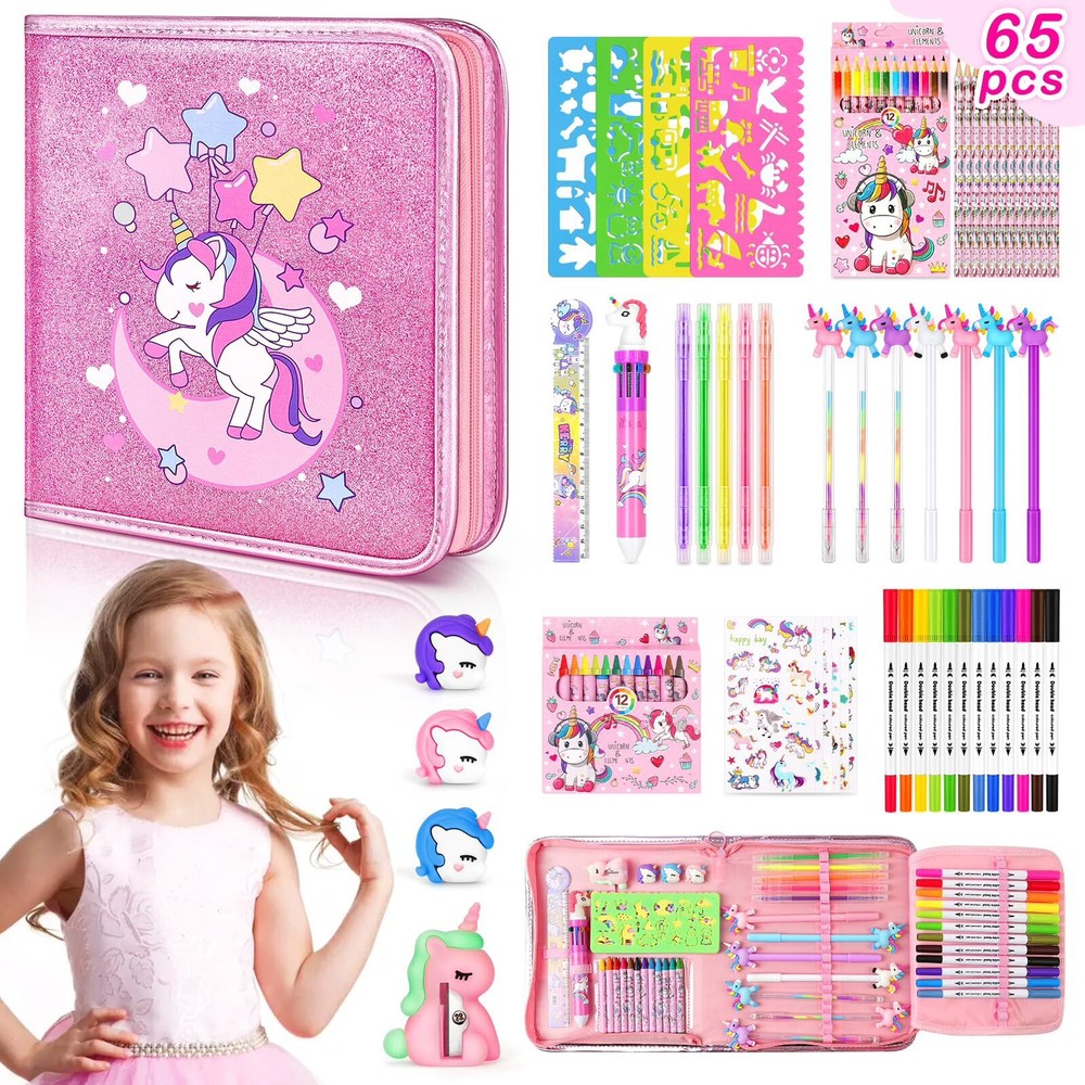 65pcs Unicorn Pink Art Drawing Kit, Drawing Stuff Kit Markers Birthday Gift