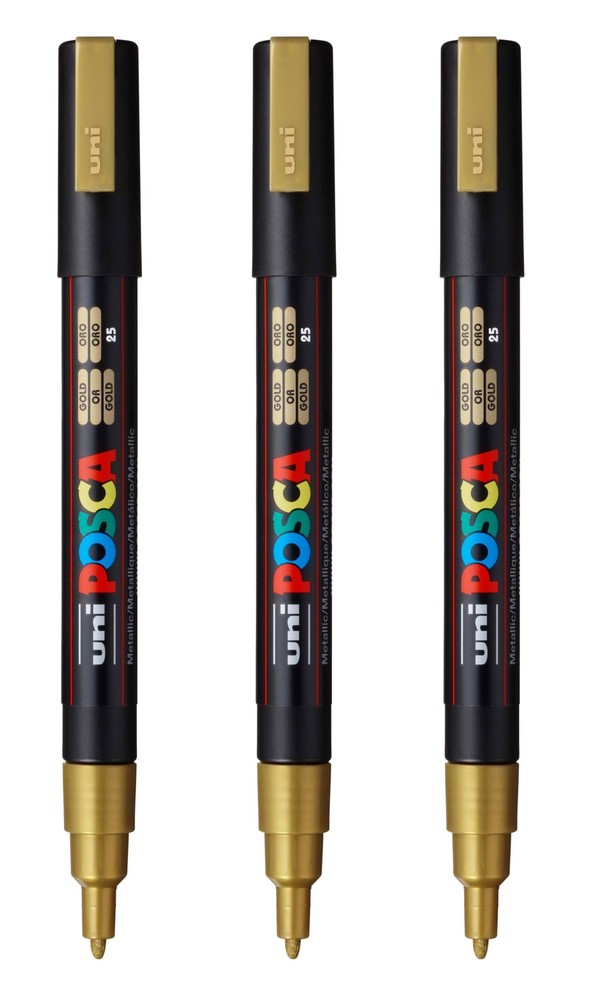 PC-3M Water-Based Paint Markers, Reversible Fine Tip 0.9-1.3mm, Gold, 3 Count