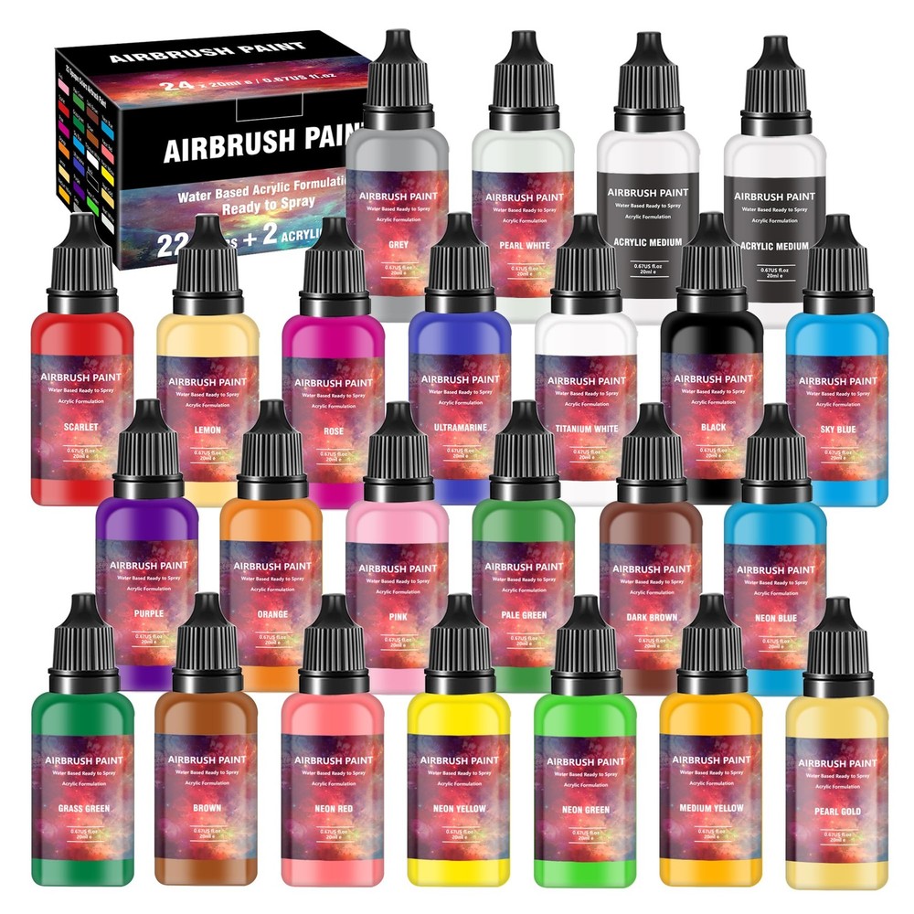 22 Colors Airbrush Paint Set 2 Thinner Acrylic Wood Ready To Spray 20ml