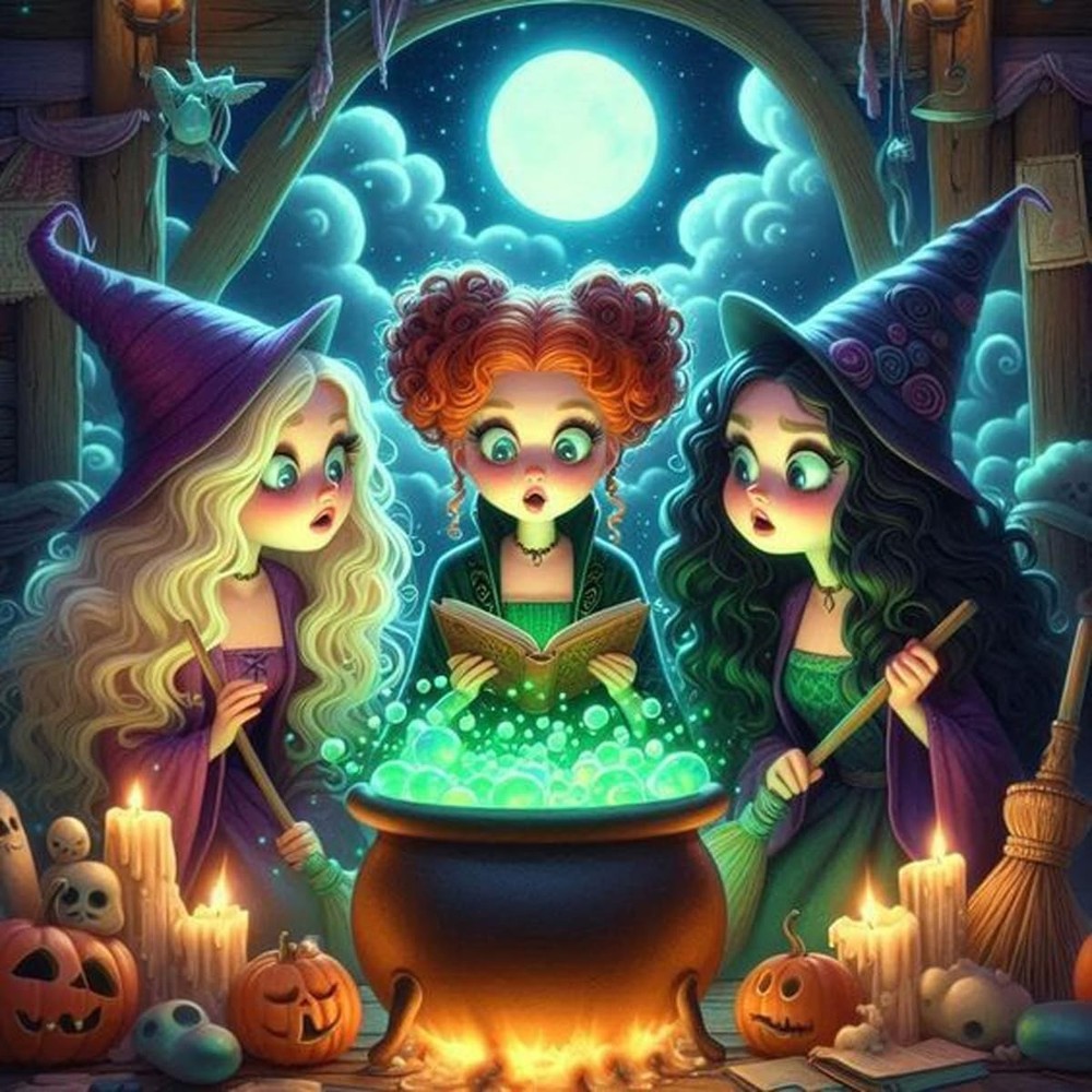 Hocus Pocus Witches Casting a Spell 5D Diamond Drill Dot Art Kit Pumpkin Full Mo