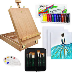 Deluxe Art Supplies 27 Pieces Art Set with Tabletop Easel, 12 Colors Acrylic Pai