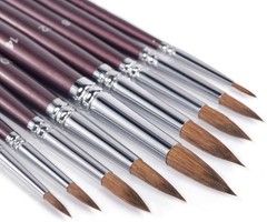 Fuumuui Sable Watercolour Brushes, 9pc Set – Kolinsky Round & L, Brown