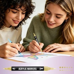 24 Metallic Acrylic Paint Markers – Paint Pens for Drawing, Brush + Fine Tips –