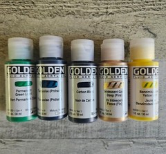 5 Golden Fluid Acrylic Paint 1 Oz – Turquoise Irid Gold Green Black Benz Yellow