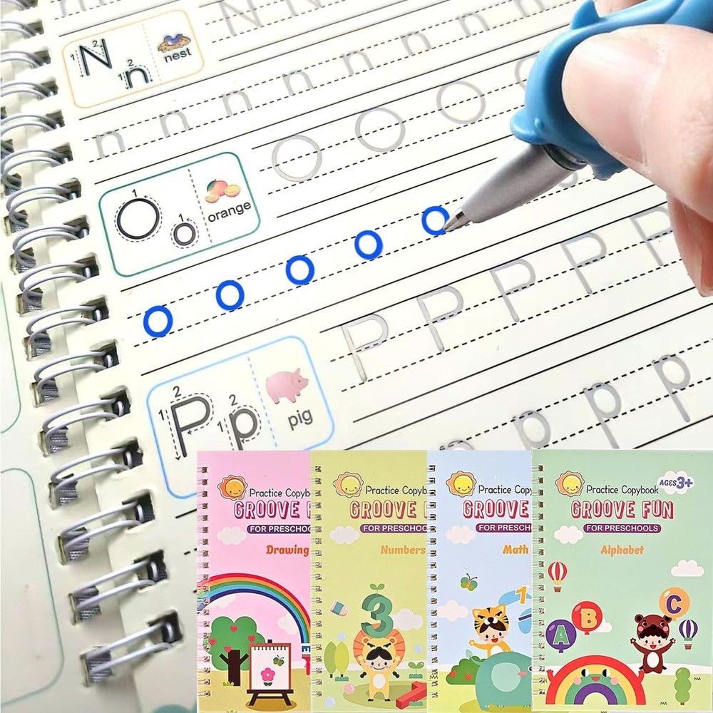 4 Pc Magic Grooved Practice Copybook,Reusable Letter Tracing Books,Handwriting P