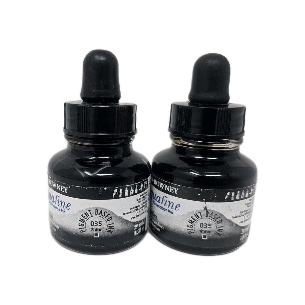Daler Rowney Aquafine Watercolor Ink 035 Lamp Black Lot Of 2 Bottles
