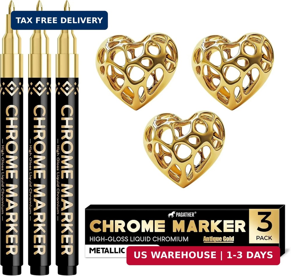 Pagather 3Pcs Chrome Paint Markers, Gold Color Permanent Mirror Liquid Chrome Pe