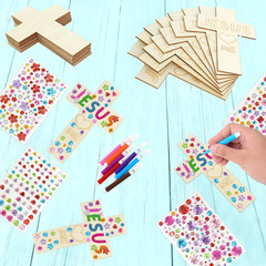 40 Pieces Wood Cross Crafts with Stickers Watercolor Pens Acrylic Paint and Pain