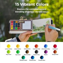 Mini Watercolor Paint Set, All-in-One Walnut Wood 15-Color Premium Pocket Tra…