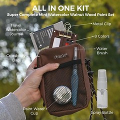 All-in-One Walnut Wood Watercolor Set 8-Color Travel Kit with Bag