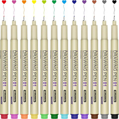 Muchcute 01 Micro Fineliner Drawing Art Pens: 12 Colors 0.25Mm Extra Fine Point