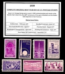 1939 Complete Year Set of Mint Vintage Commemorative U.S. Postage Stamps! MNH
