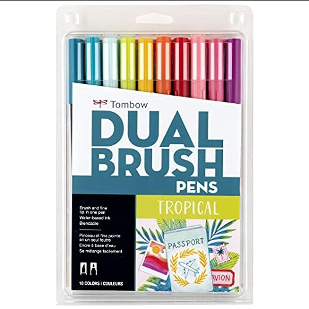 Tombow 56189 Dual Brush Pen Art Markers, Tropical, 10-Pack. Blendable, Brush and