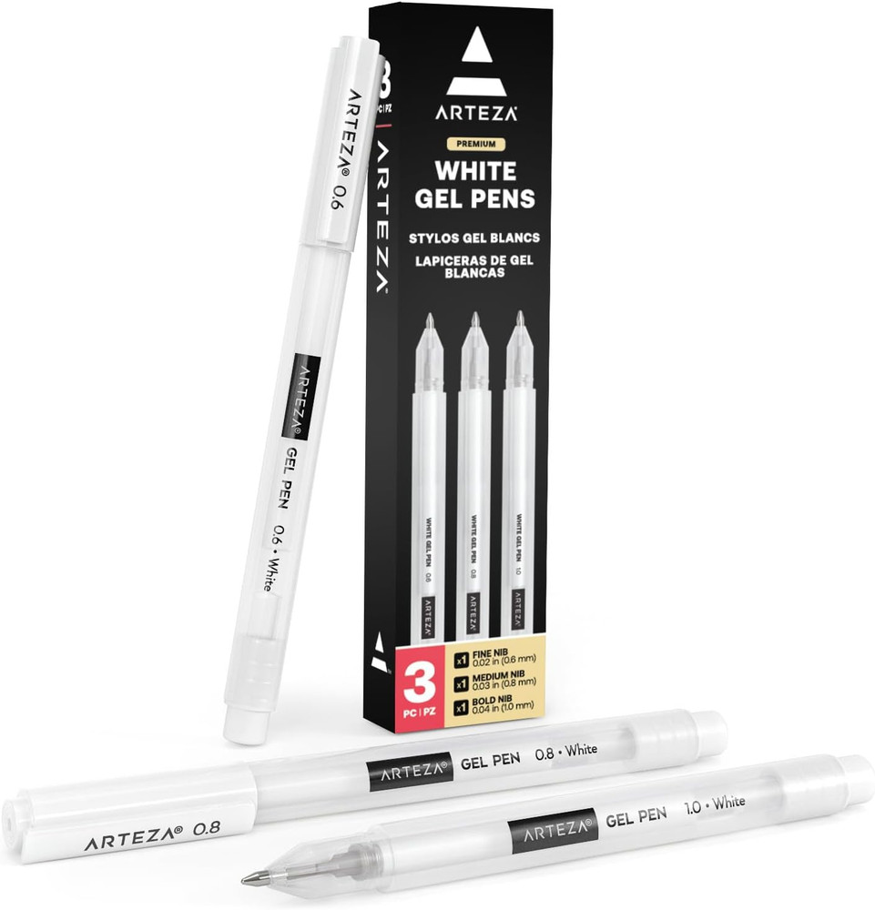 White Gel Pens, Pack of 3, White Rollerball Pens for Artists, Ideal for Drawing