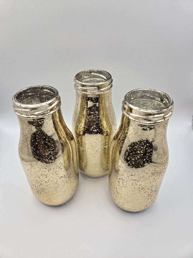Set Of 3 Gold Crackle Paint Milk Bottle Vases 6″