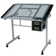 Adjustable Drafting Table Art Desk Drawing Table Glass Tabletop w/2 Slide Drawer