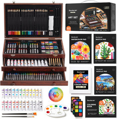 Deluxe Gift Art Kit, 202-Piece Wooden Art Supplies Set with 4 Drawing Pads, Canv