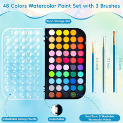 48 Color Solid Watercolor Paint Set with 3 Wooden Brushes – Non-Toxic, Vibrant &