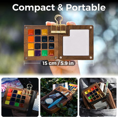 Mini Watercolor Paint Set, All-In-One Walnut Wood 15-Color Premium Pocket Travel