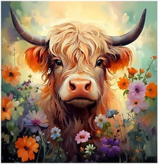 HIGHLAND COW & WILDFLOWERS Round Full Drill 5D DIAMOND ART KIT (12 x 12 in) NEW!