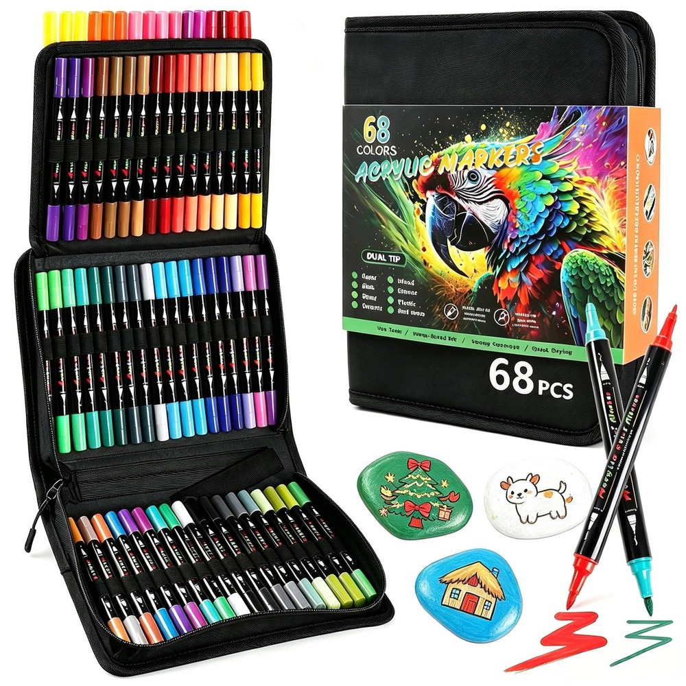 Acrylic Paint Pens 68 Colours Dual Tip 1mm Fine & 0.5-5mm Brush – For Rock
