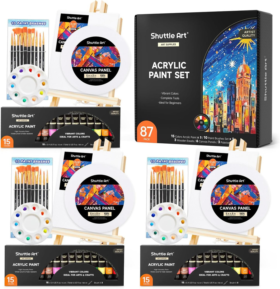 87 Pack Acrylic Painting Kit, Paint Kit with 3 Packs 15-Color Acrylic Paint, 3 W