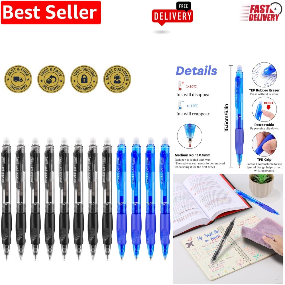 Portable 12-Pack Click Gel Pens – 8 Black & 4 Blue Ink for All Writing Needs