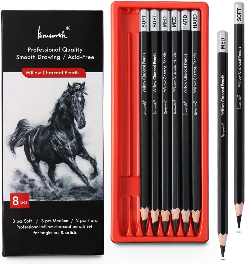 Brusarth Professional Charcoal Pencils Drawing Set – 8 Pieces Soft Medium and Ha