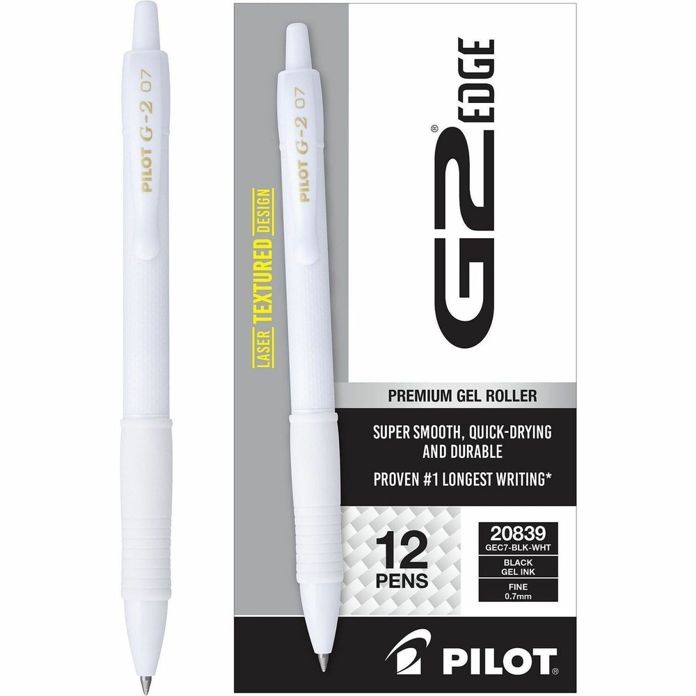 Pilot G2 Edge Retract Gel Pen 0.7mm Fine White Barrel BLK Ink Office School Home