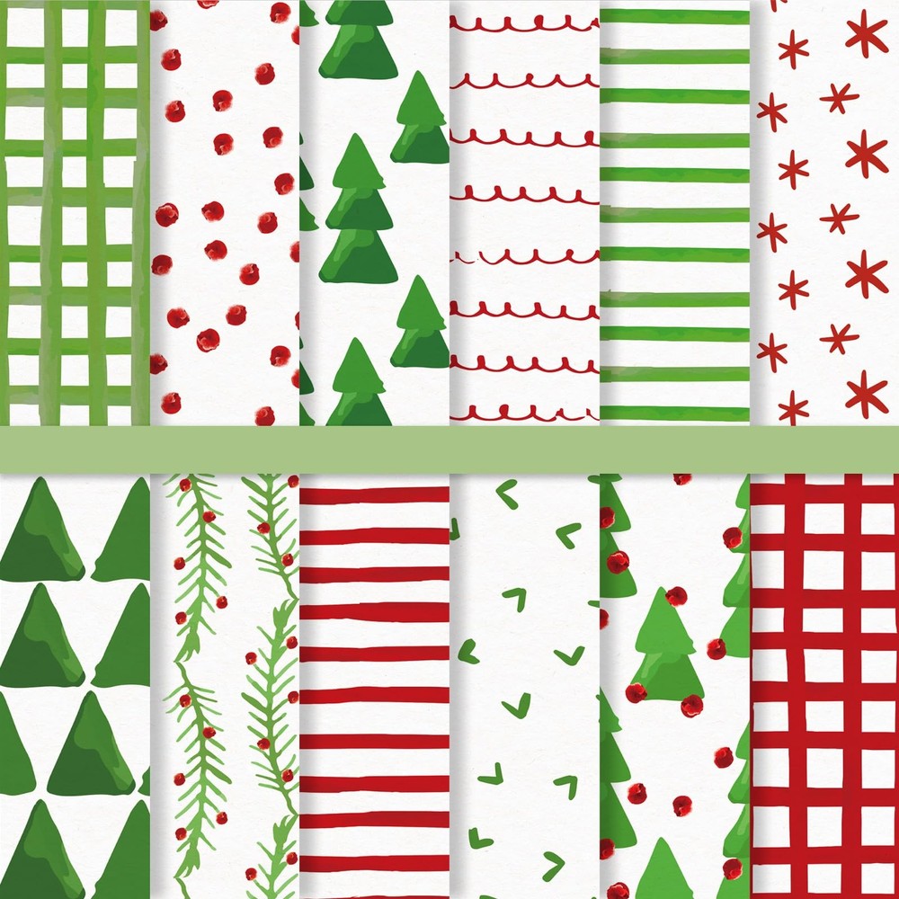 JarThenaAMCS 24 Sheets Christmas Pattern Paper Watercolor Xmas Red, Green