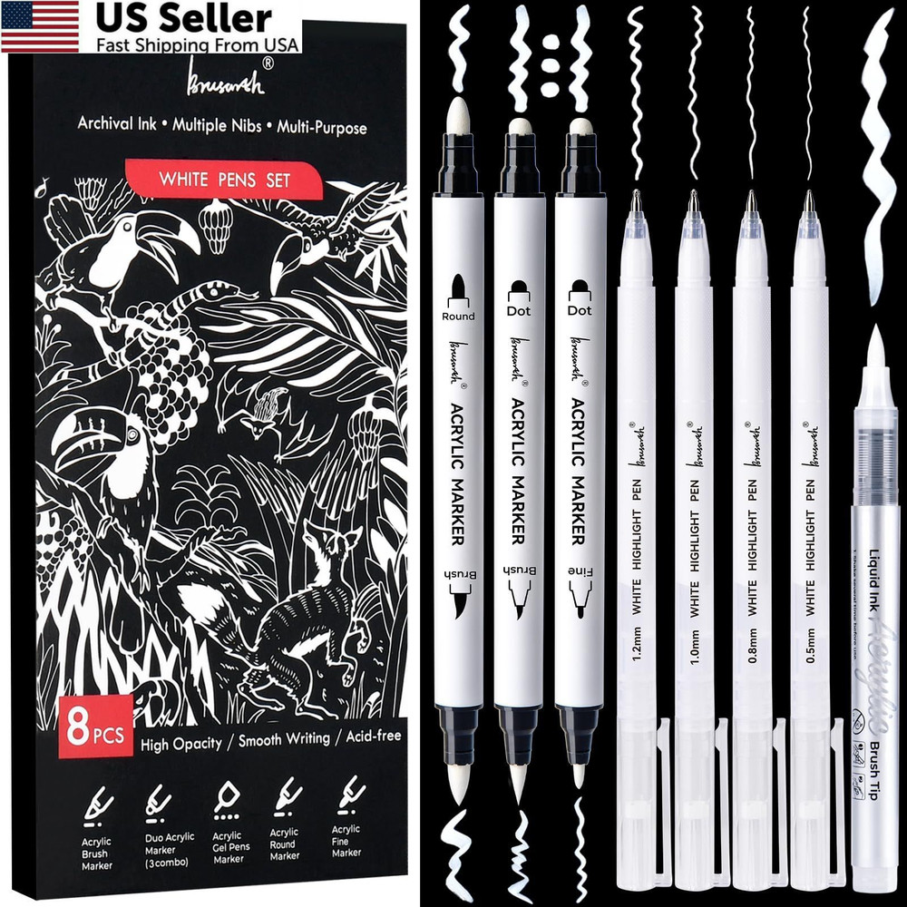 White Ink Pens Set Fine Point Gel Dual Tip Acrylic Markers for Black Paper Card