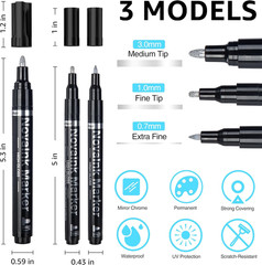 KERIFI 3Pcs Silver Liquid Mirror Chrome Markers Permanent Art Liquid Chrome Mark