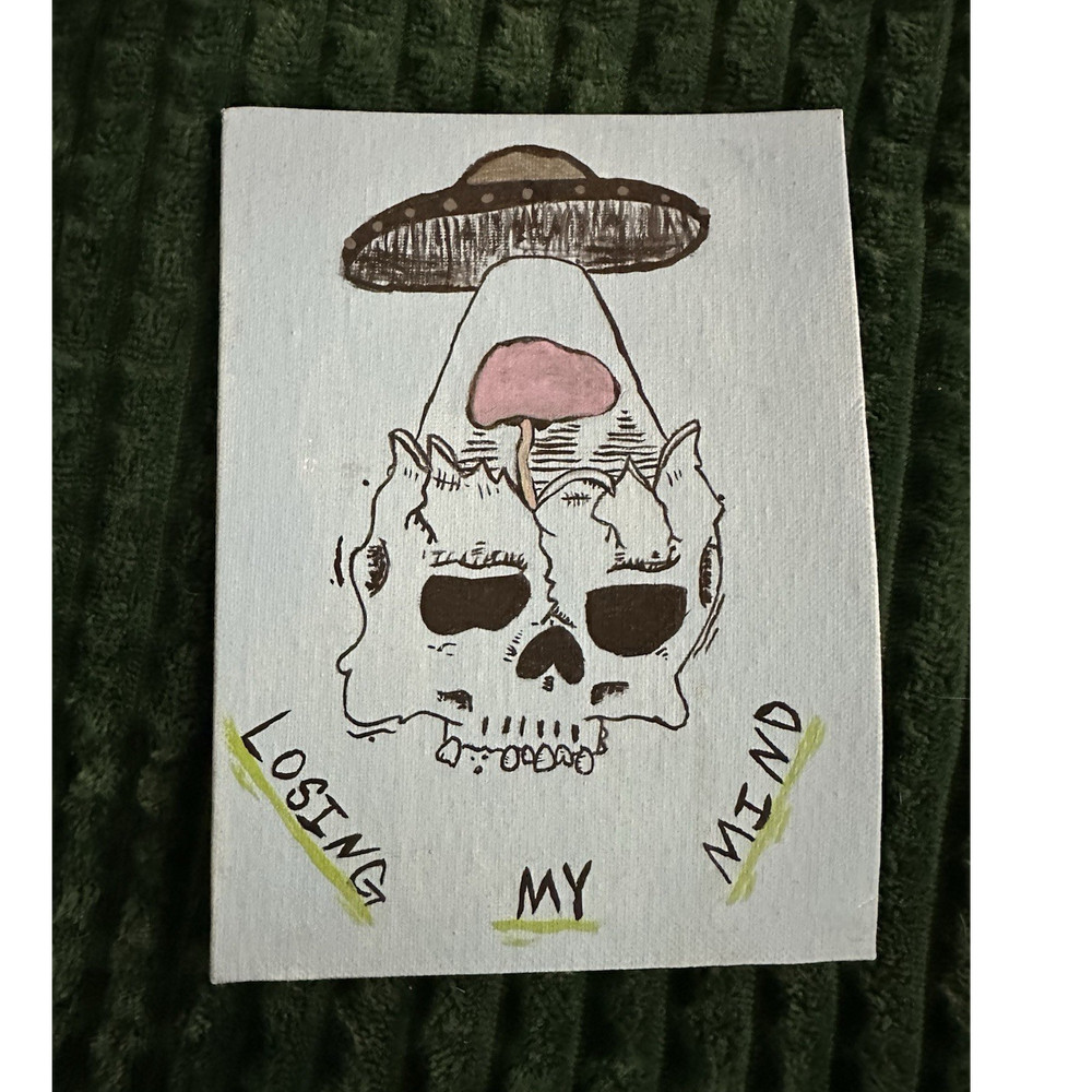 ‘Losing My Mind’ Skull Mushroom Handmade Canvas Art