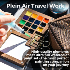 Mini Watercolor Paint Set, All-In-One Walnut Wood 15-Color Premium Pocket Travel