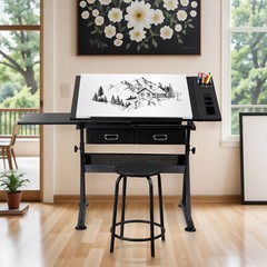 Drawing Table Adjustable Art Crafts w/ Stool Drafting Desk Creative Center Black