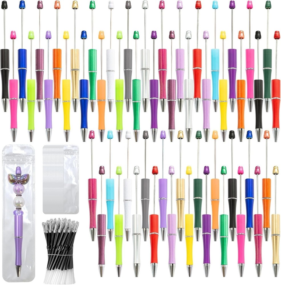 150 Pieces DIY Beadable Pen Kit – 50 Plastic Ballpoint Pens with Refills & Bags