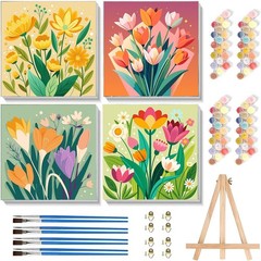 Sretoul 4 Pack Paint by Numbers Kit for Adults Framed 8*8inch, flowers 2