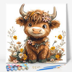 Framed Paint by Numbers Kit for Adults Beginner – Cute Highland Cow Paint by Num
