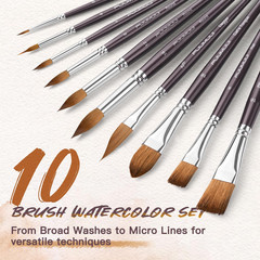 Sable Watercolor Brushes, Professional 10Pcs Sable Paint Brush Set Variety Shape