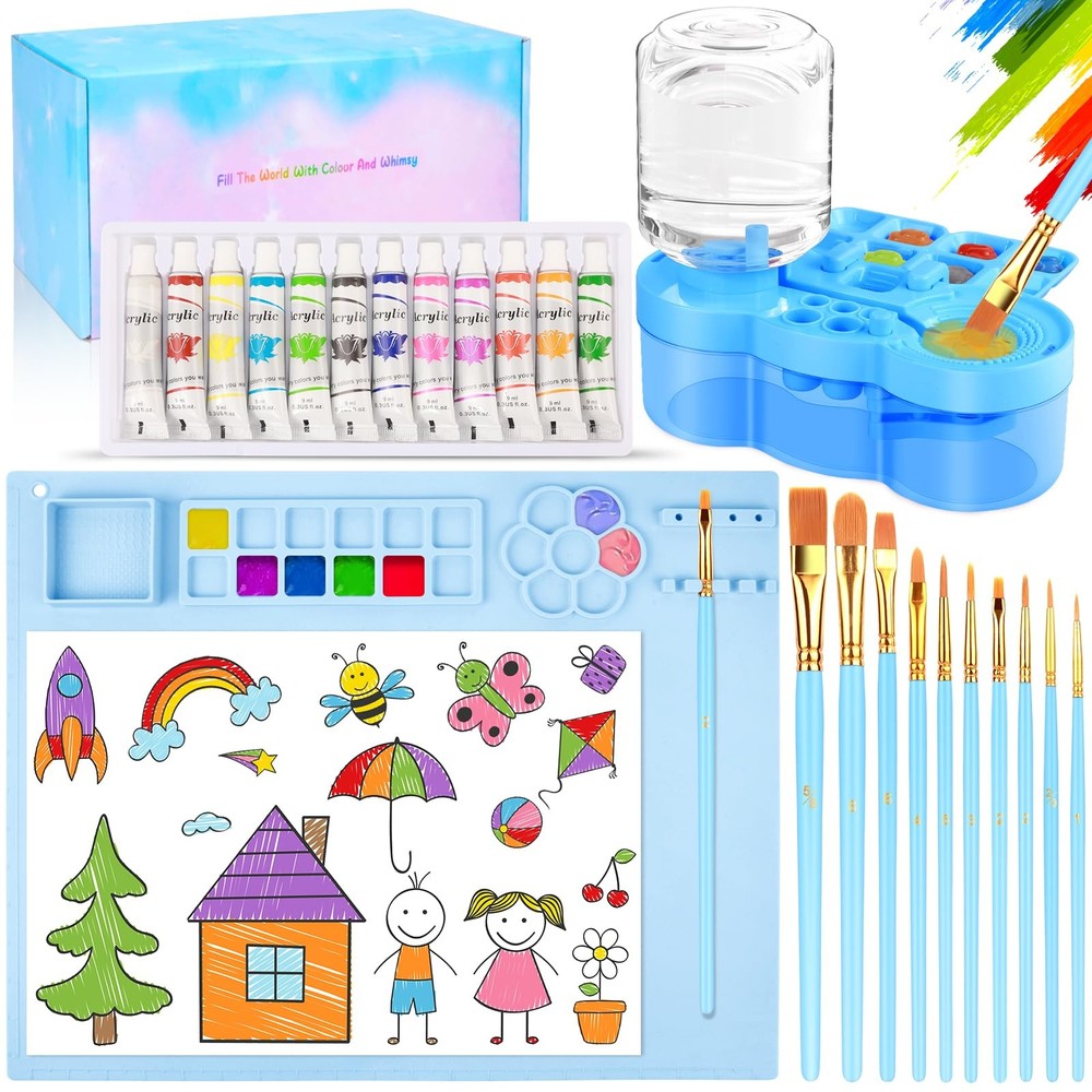 Art Painting Kit 20×16 Silicone Mat 12 Colors Acrylic Paint 10 Brushes Blue