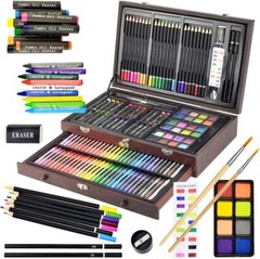Wooden Art Set 60 Crayons 24 Colored Pencils 24 Oil Pastels 24 Watercolors