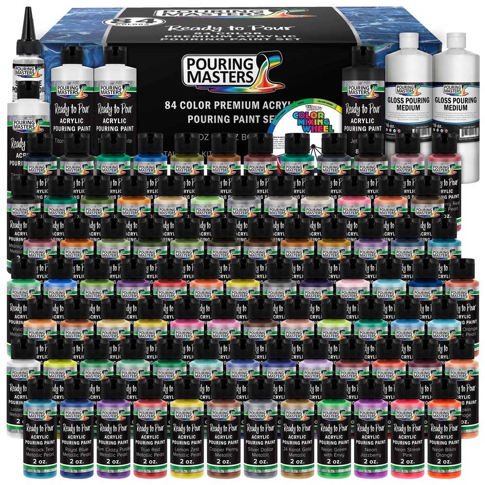 84-Color Ready to Pour Acrylic Pouring Paint Set – Silicone Oil & Gloss Medium