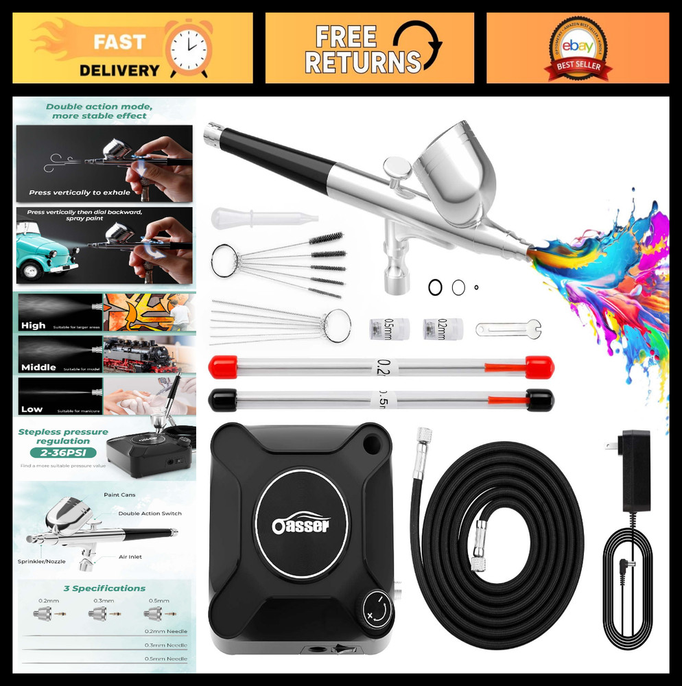 Airbrush Kit with Compressor, Dual Action 10.5L/min, 0.2/0.3/0.5mm Nozzles, 12V