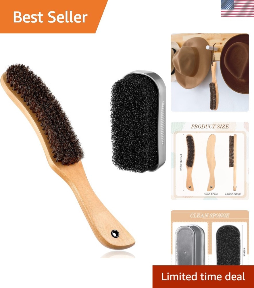 Luxury 2 Pcs Horsehair Hat Brush Kit & Lint Cleaning Sponge – Wooden Finish